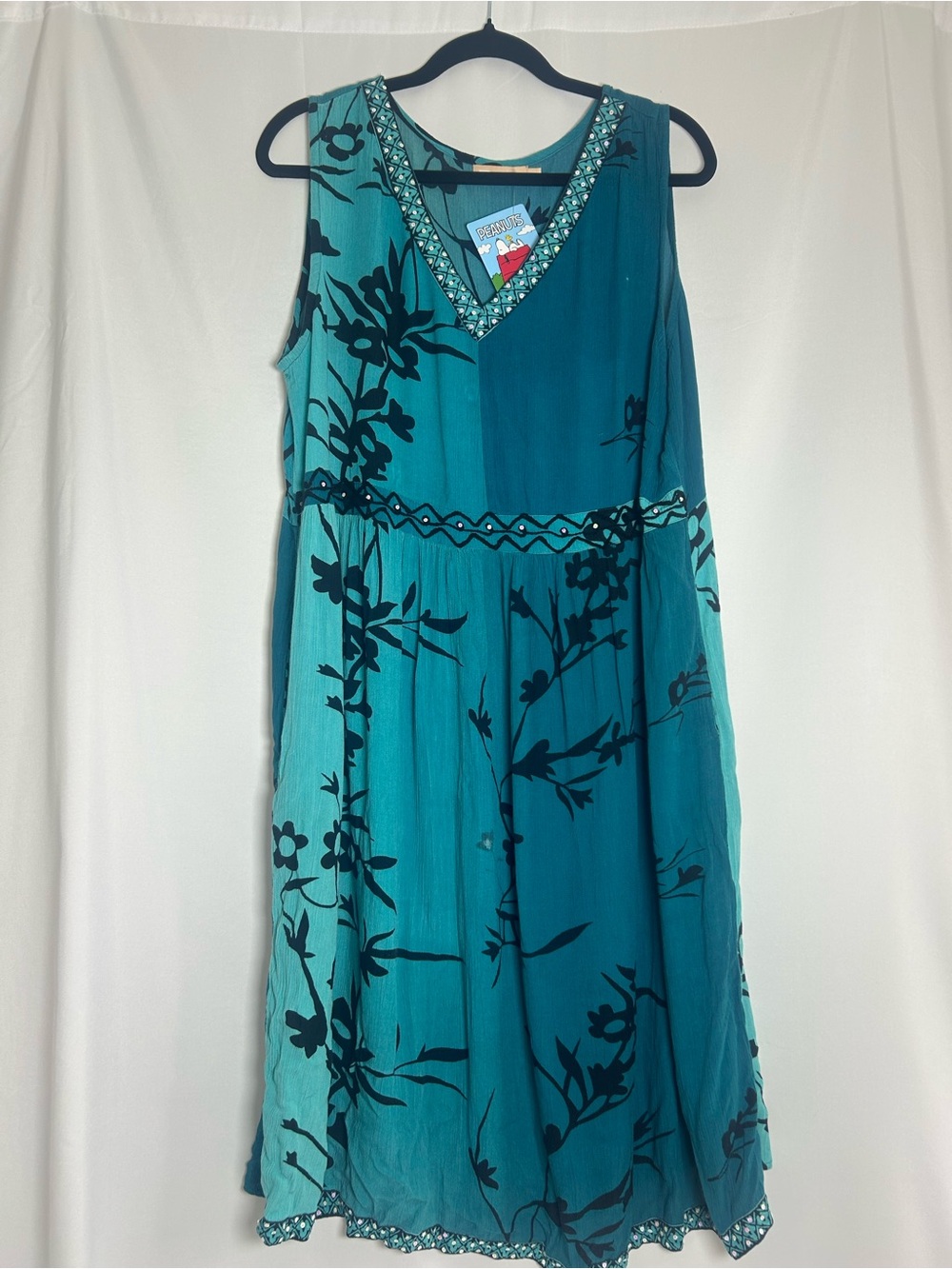 Boho, Hawaiian Teal Floral Sleeveless V-Neck Dress